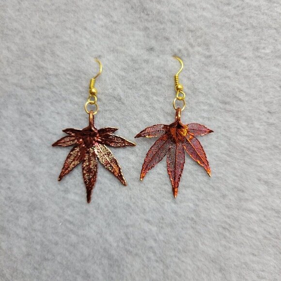 Bronze Tone Leaf Earrings Natures Jewelry Japanese Maple Dangle Fish Hook Unique - Picture 3 of 8